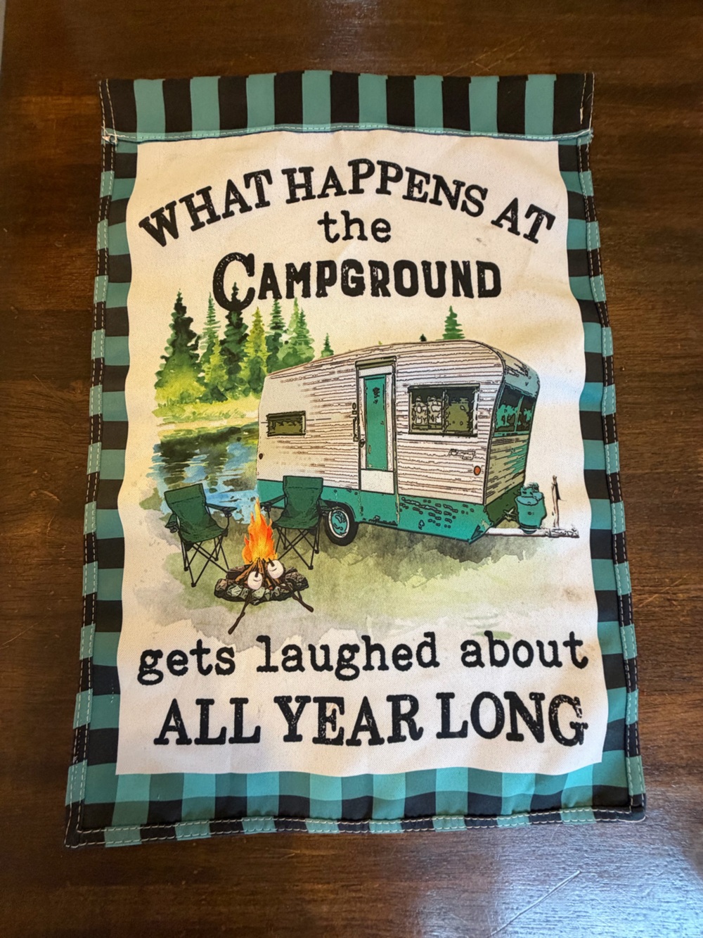 Camping garden flag in Teal and Green